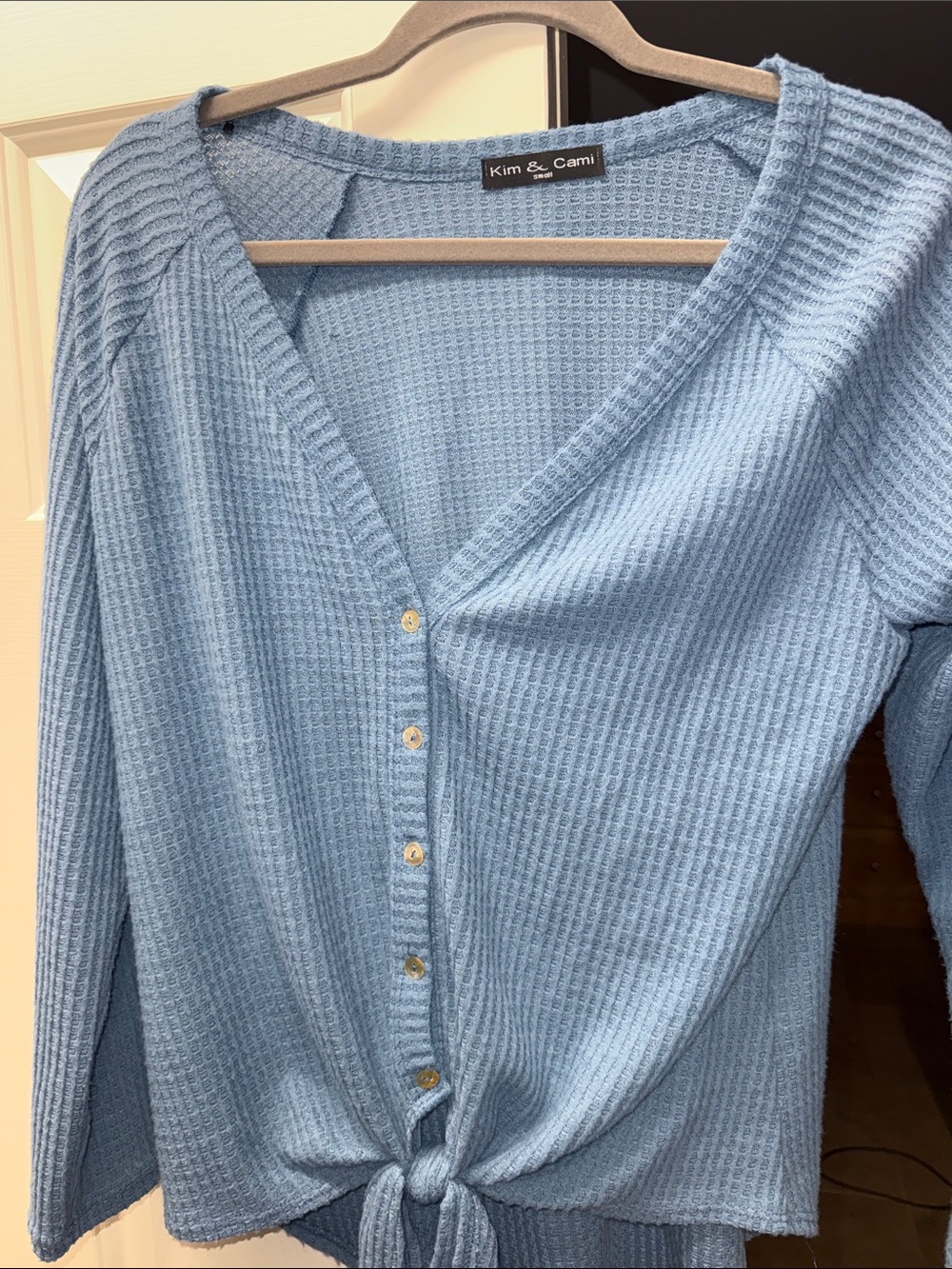 Kim & Cami Sky Blue Waffle Knit Tie-Front Top